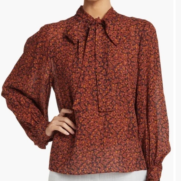 THEORY Blouson Sleeve Top in Floral Silk Crepe Brown Copper Size Small - Picture 1 of 15